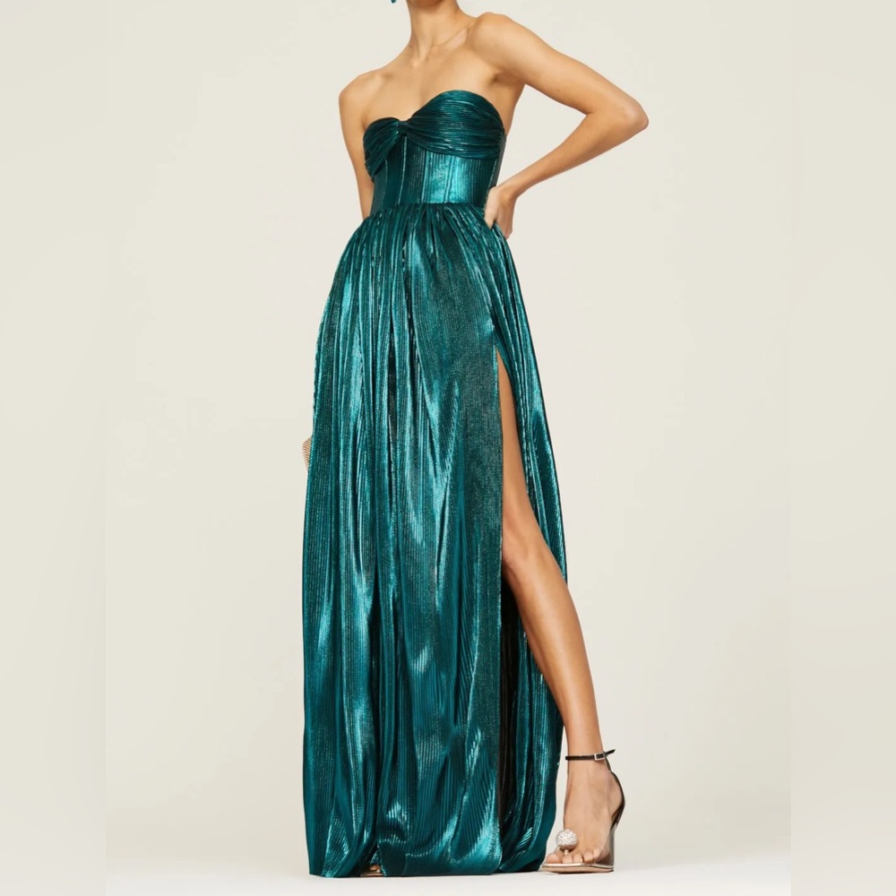 Bronx and Banco Dress, Strapless Metallic Teal, Accordion Texture, Evening Dress